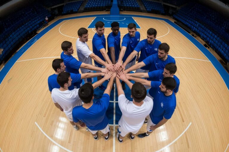 Team huddle with stacked hands on a wooden basketball court, unity and brotherhood.