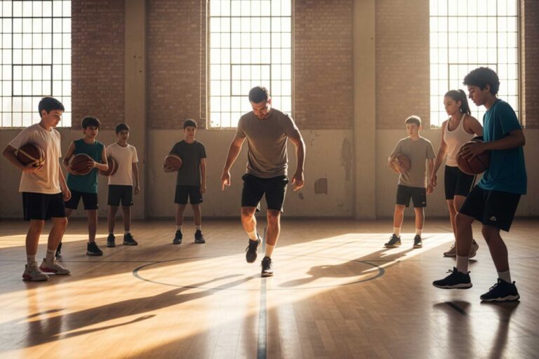 Coach and players practice footwork together on an indoor basketball court, inclusive community session.