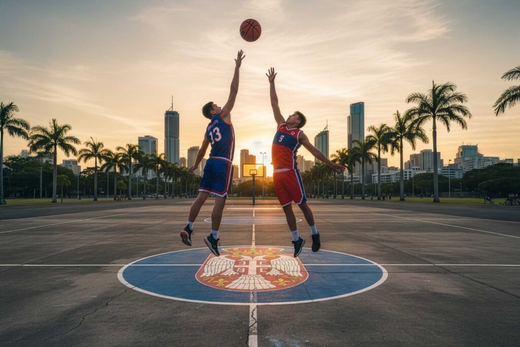 Players contest a rebound on a Brisbane outdoor court at sunset, energetic tournament atmosphere.
