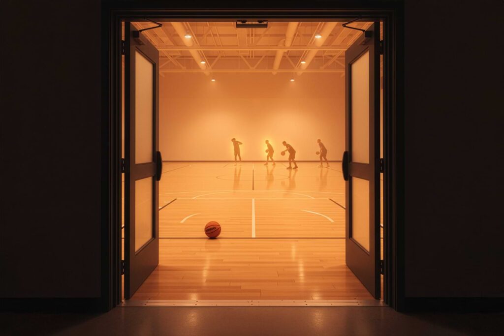 Open gym doors leading to a lit basketball court with a ball near the arc, welcoming new players.