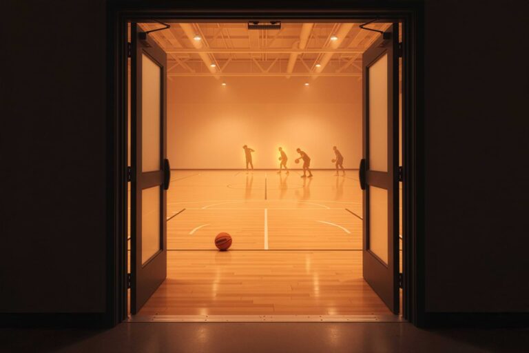 Open gym doors leading to a lit basketball court with a ball near the arc, welcoming new players.