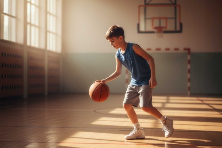Junior basketball player dribbles in an empty gym with the hoop in soft focus, development theme.